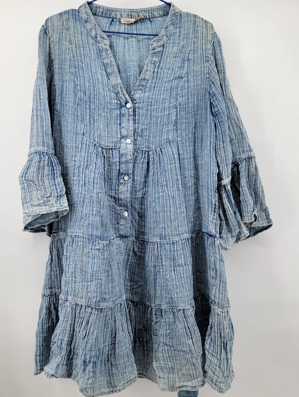 Faherty Kasey Cotton Light Blue Crinkled Tiered Button Front Tunic Dress M - Picture 4 of 8